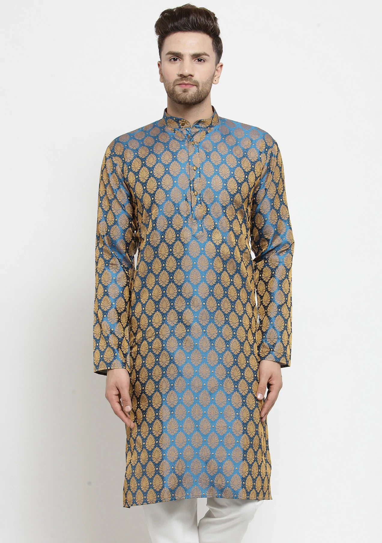 Men's Blue Jacquard Woven Kurta Top