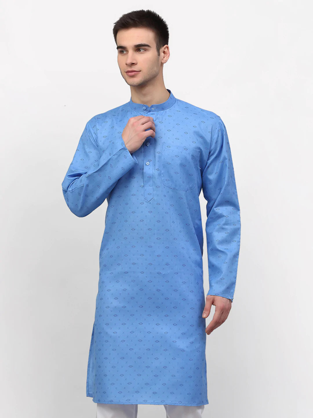Men's Blue Cotton Printed Kurta Top