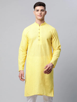Men's Lemon Cotton Chikankari Kurta Top