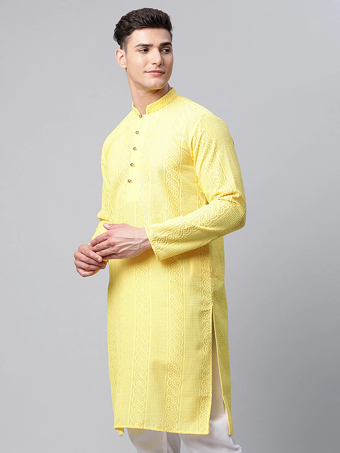 Men's Lemon Cotton Chikankari Kurta Top