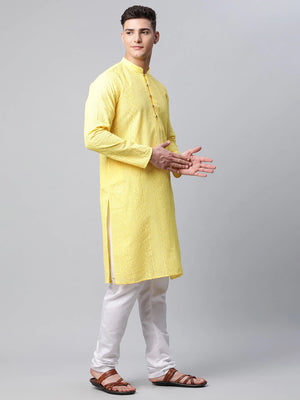 Men's Lemon Cotton Chikankari Kurta Top