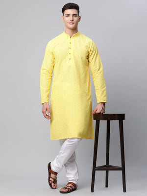 Men's Lemon Cotton Chikankari Kurta Top