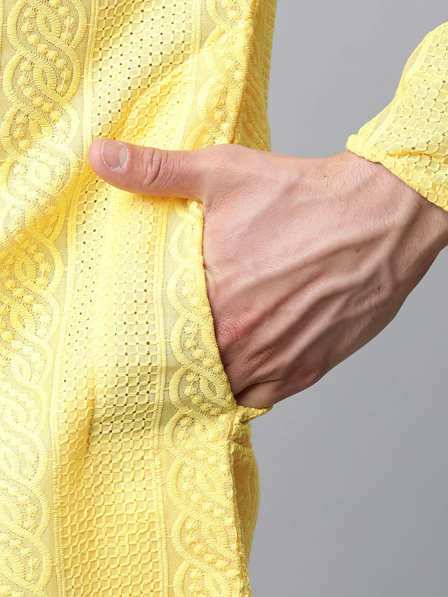 Men's Lemon Cotton Chikankari Kurta Top