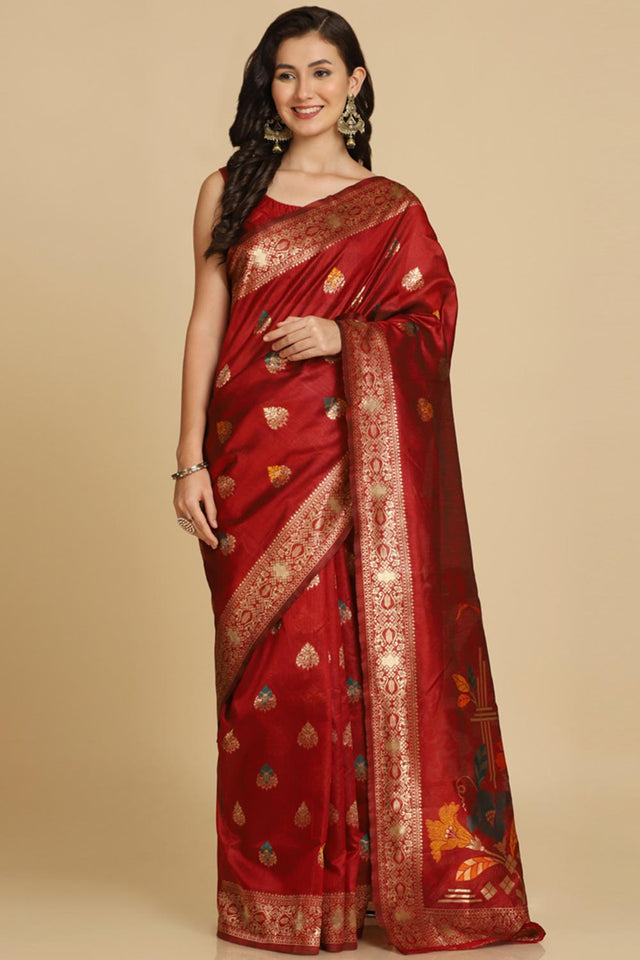 Buy Maroon Resham Woven Art Silk Sarees Online
