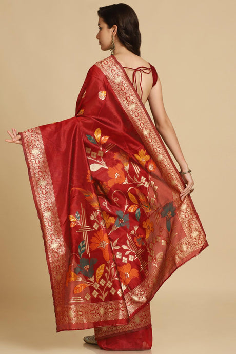 Buy Maroon Resham Woven Art Silk Sarees Online - Front