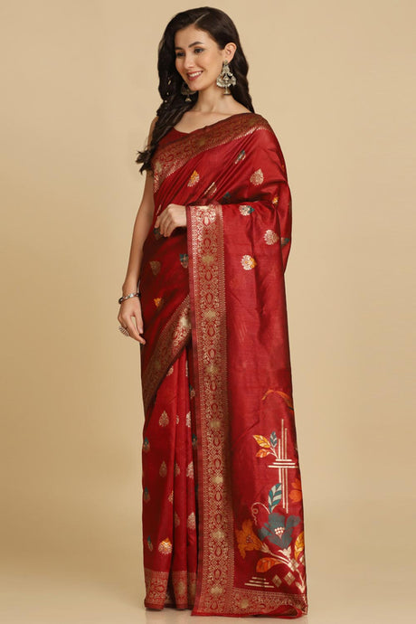 Buy Maroon Resham Woven Art Silk Sarees Online - Zoom In