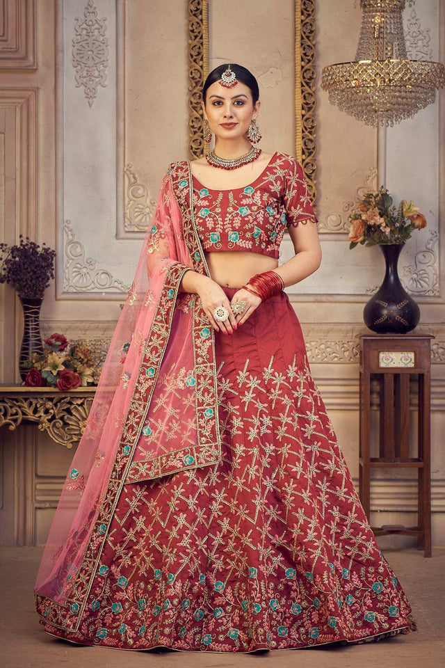 Red Taffeta Silk Embroidered Work Lehenga Choli