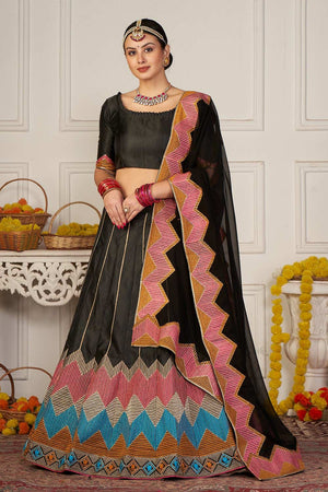 Black Taffeta Silk Embroidered Work Lehenga Choli