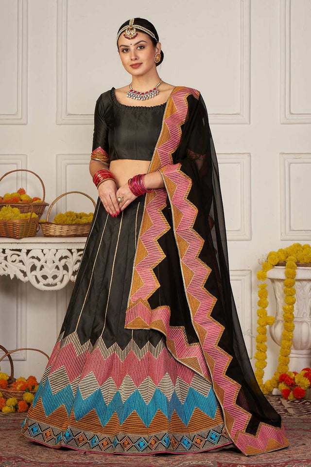 Black Taffeta Silk Embroidered Work Lehenga Choli