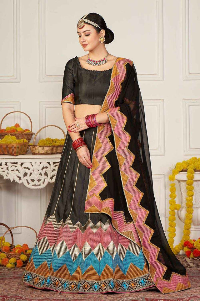 Black Taffeta Silk Embroidered Work Lehenga Choli