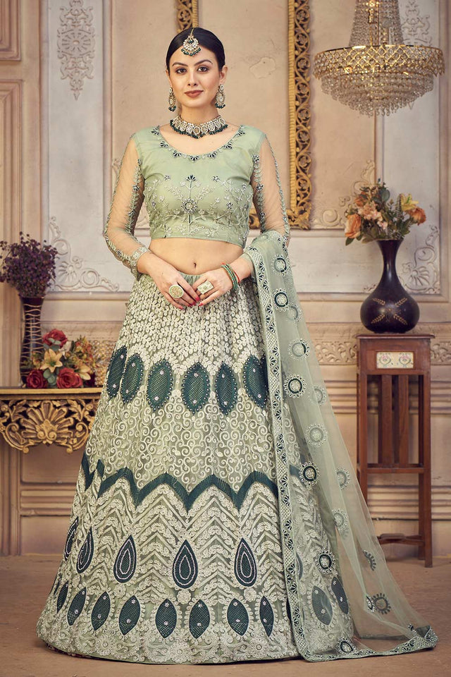 Green Net Embroidered Lehenga Choli