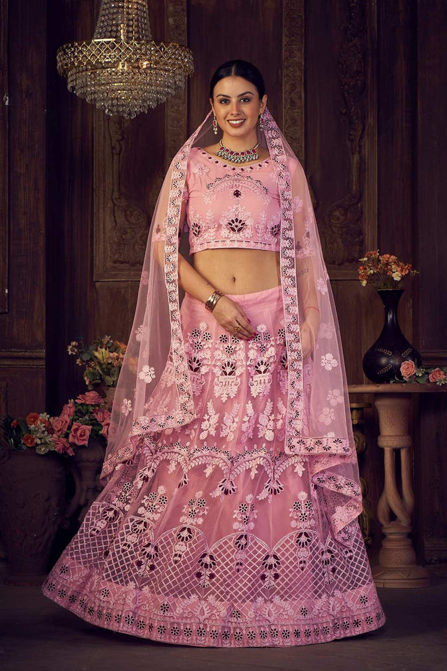 Pink Net Embroidered Lehenga Choli