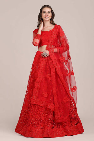 Red Net Embroidered Lehenga Choli