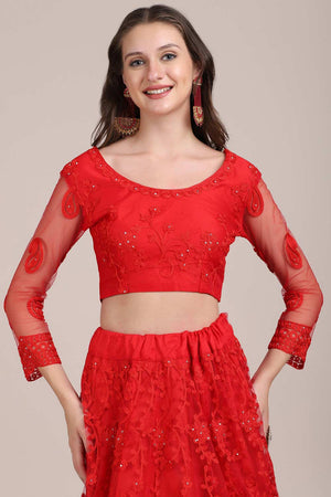 Red Net Embroidered Lehenga Choli