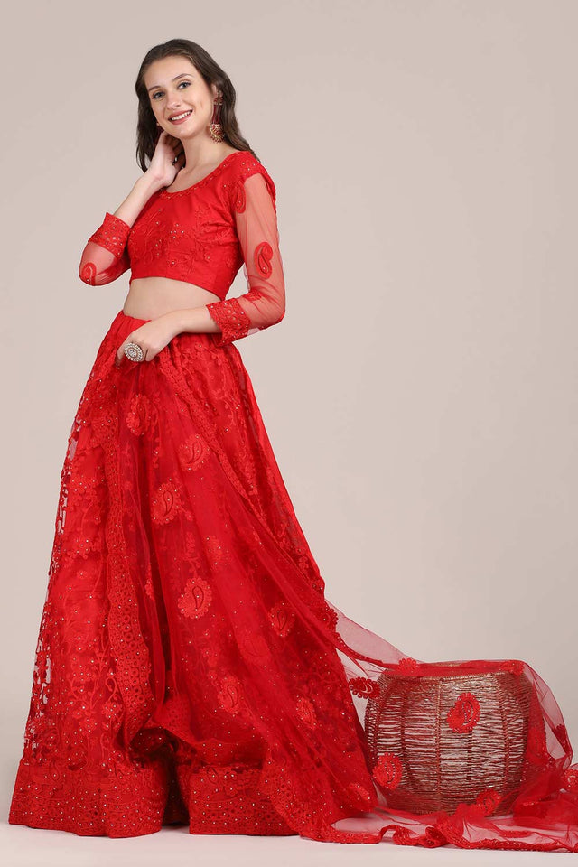 Red Net Embroidered Lehenga Choli