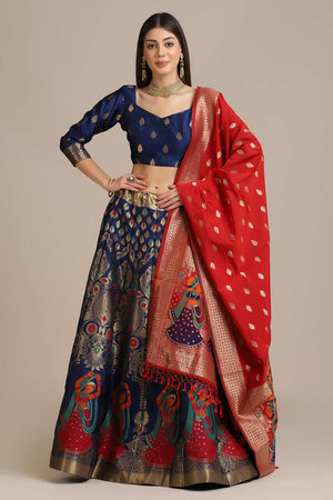 Blue Jacquard Zari Work Lehenga Choli
