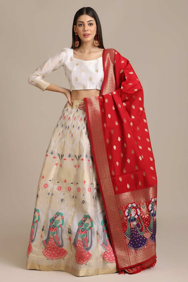 White Jacquard Zari Work Lehenga Choli