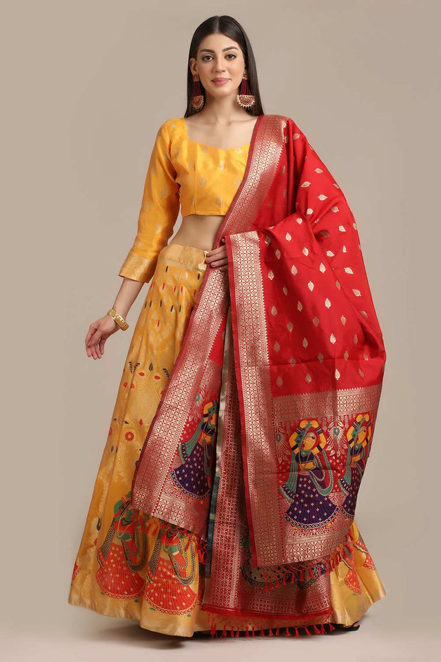 Yellow Jacquard Zari Work Lehenga Choli