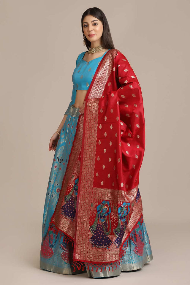 Blue Jacquard Zari Work Lehenga Choli