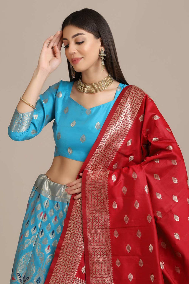 Blue Jacquard Zari Work Lehenga Choli