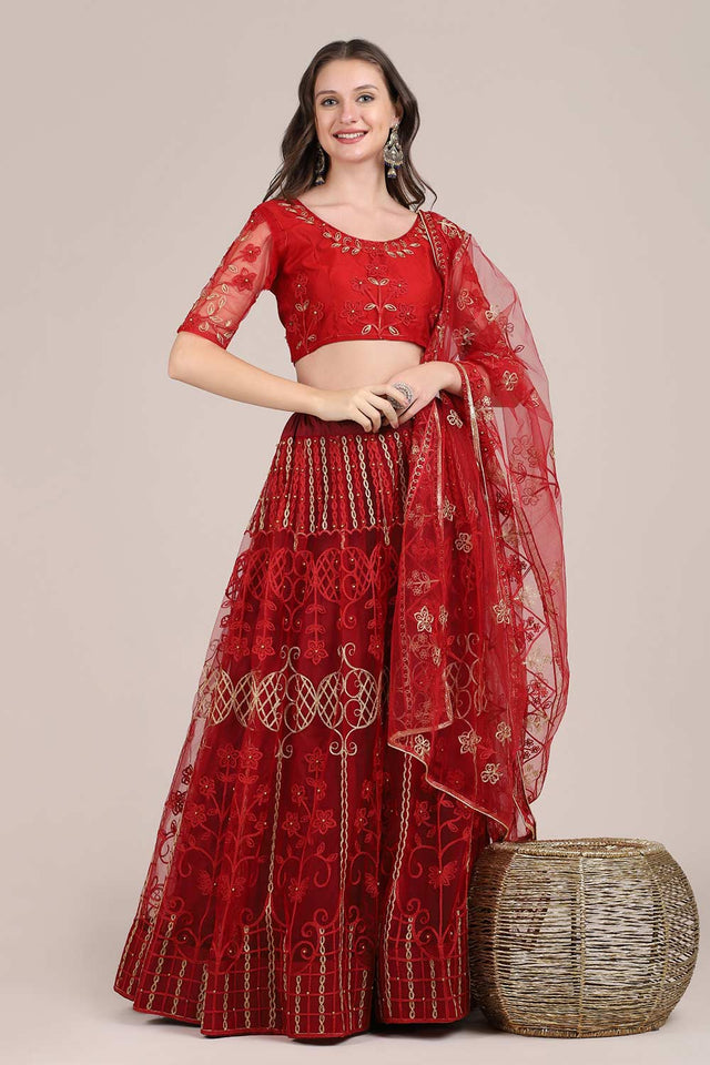 Red Net Embroidered Lehenga Choli