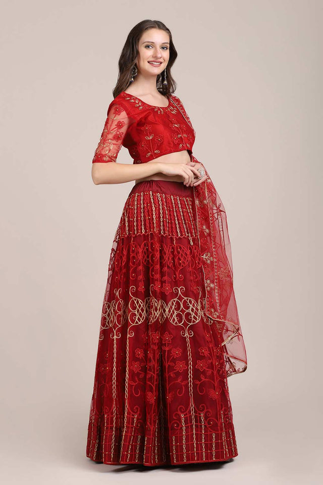 Red Net Embroidered Lehenga Choli