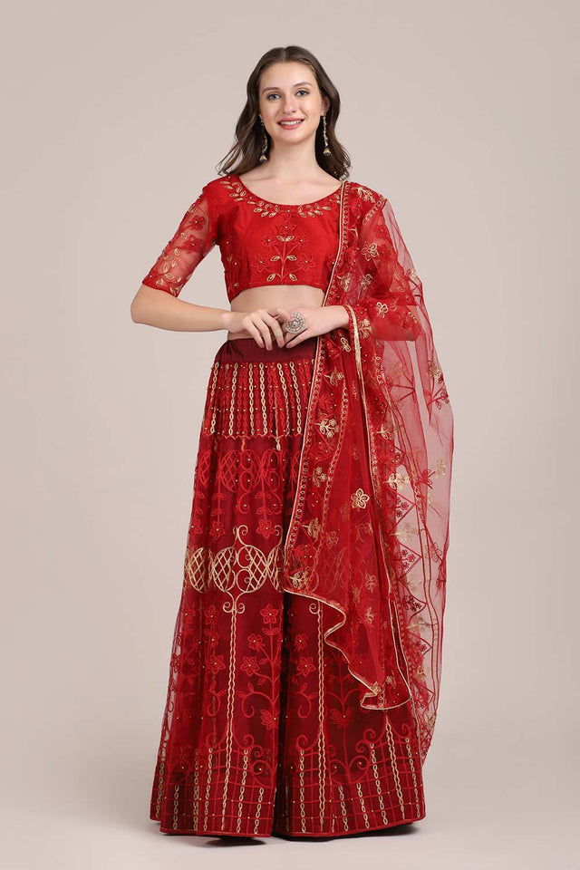 Red Net Embroidered Lehenga Choli