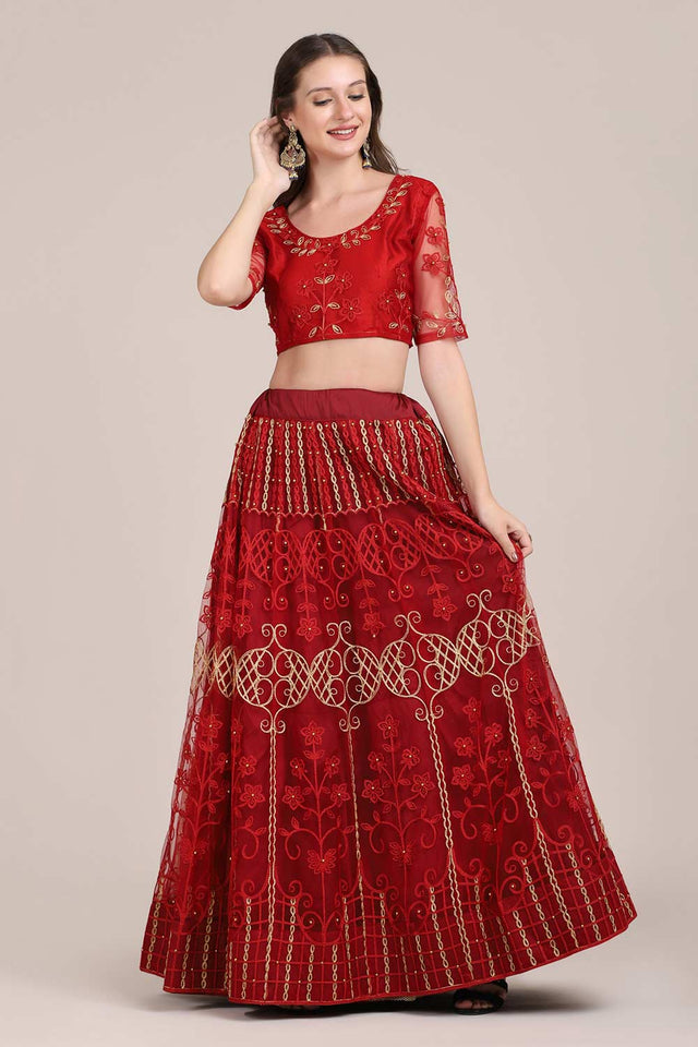Red Net Embroidered Lehenga Choli