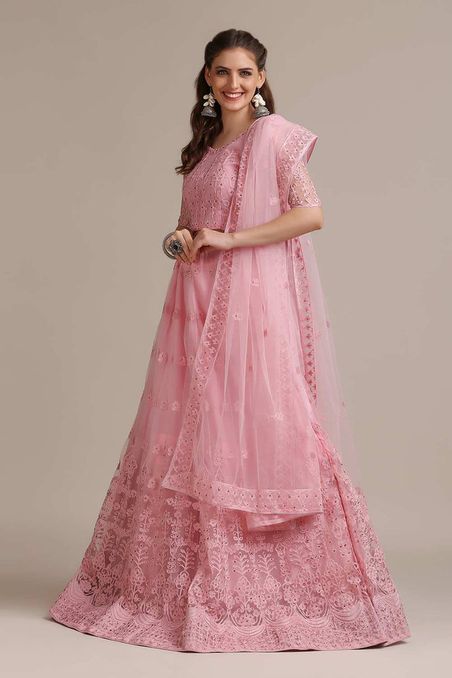 Pink Net Embroidered Work Lehenga Choli