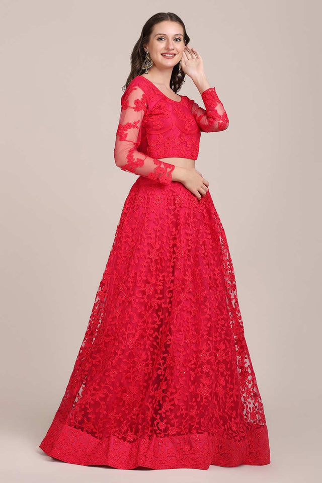 Pink Net Embroidered Lehenga Choli
