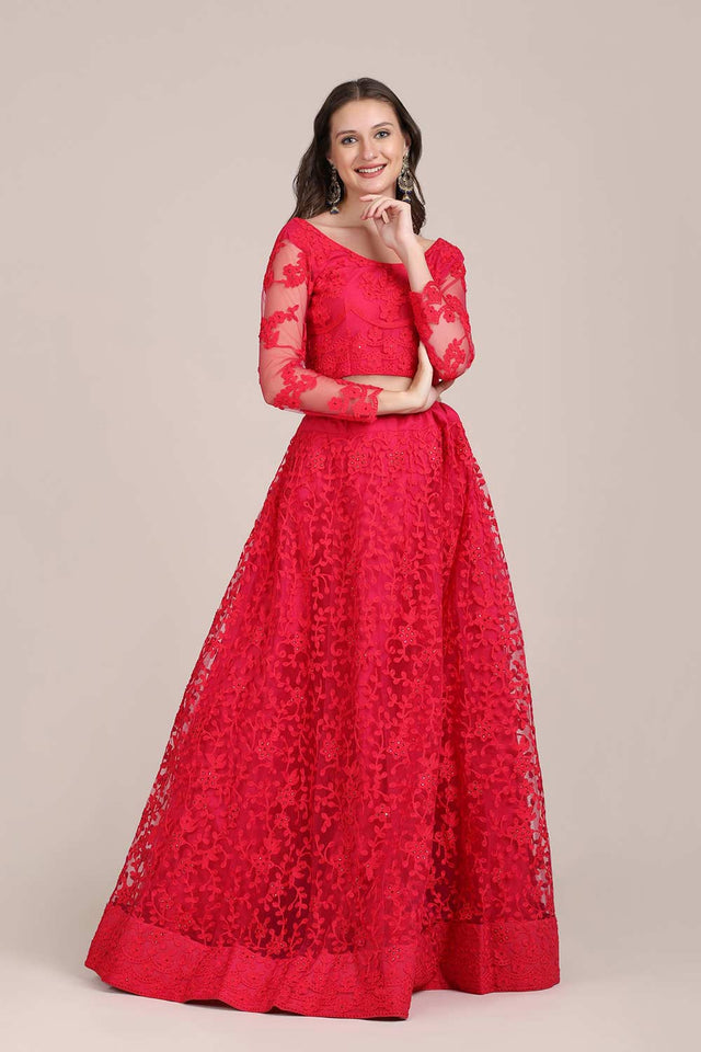 Pink Net Embroidered Lehenga Choli