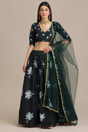 Green Crepe Floral Print Lehenga Choli