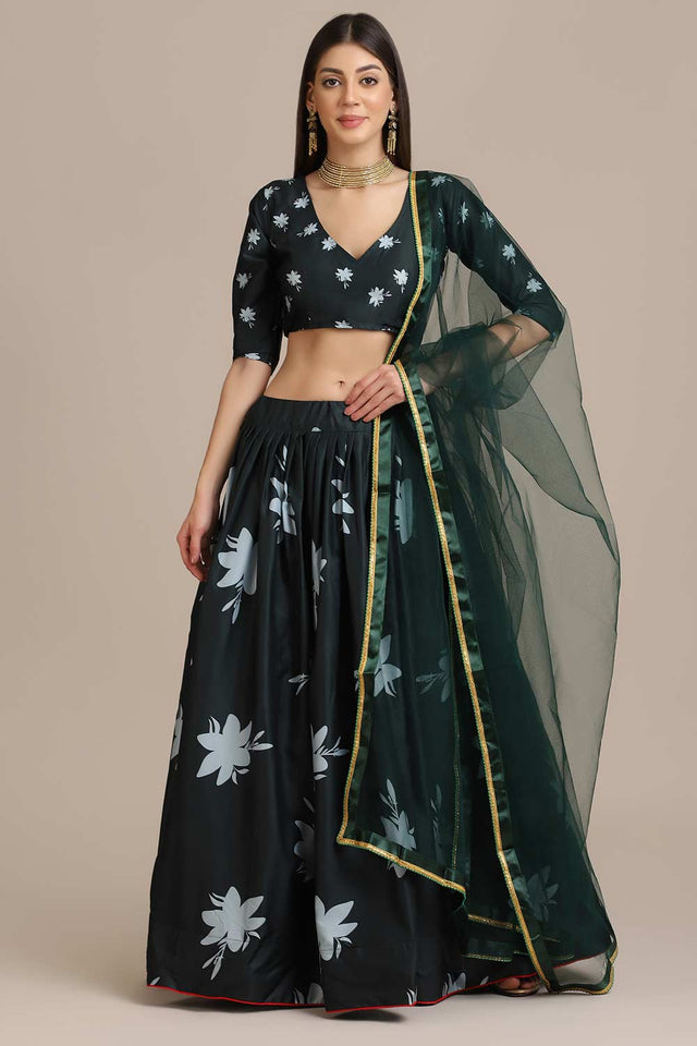 Green Crepe Floral Print Lehenga Choli