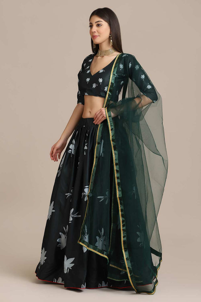 Green Crepe Floral Print Lehenga Choli