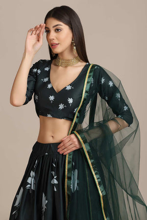 Green Crepe Floral Print Lehenga Choli