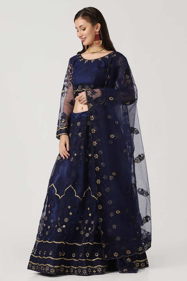 Blue Net Embroidered Work Lehenga Choli