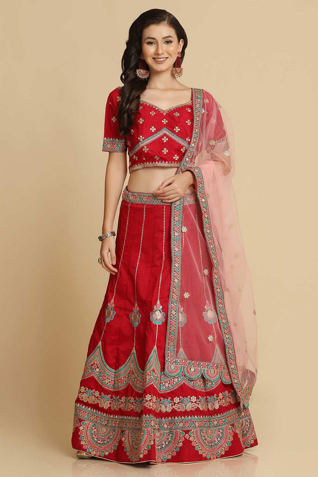 Red Taffeta Silk Embroidered Work Lehenga Choli
