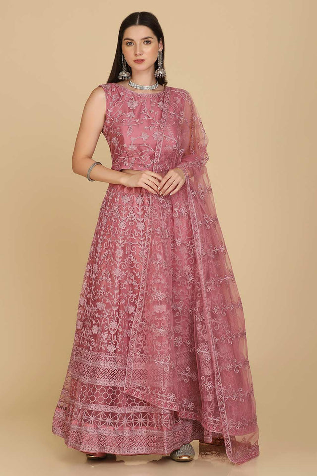Pink Net Embroidered Work Lehenga Choli