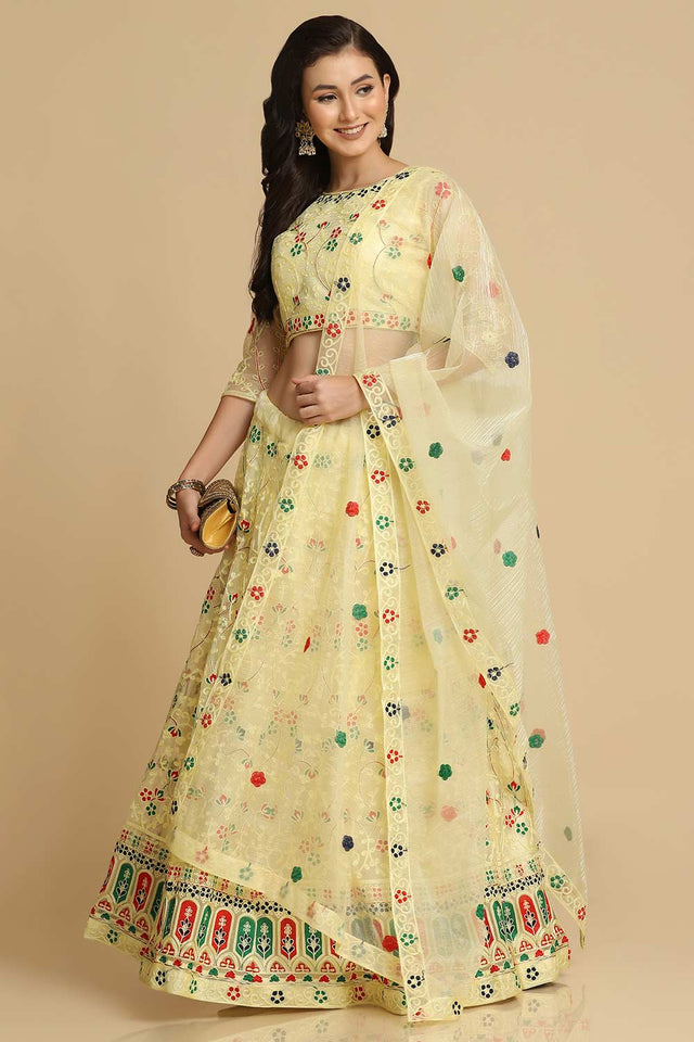 Yellow Net Embroidered Work Lehenga Choli