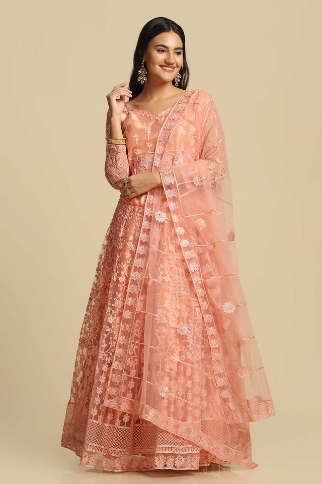 Orange Net Embroidered Work Lehenga Choli