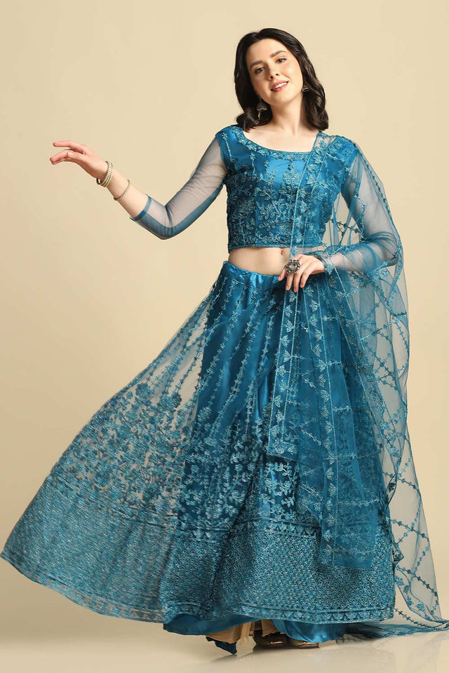 Teal Net Embroidered Work Lehenga Choli