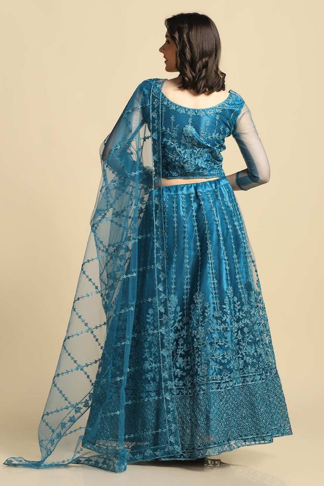 Teal Net Embroidered Work Lehenga Choli