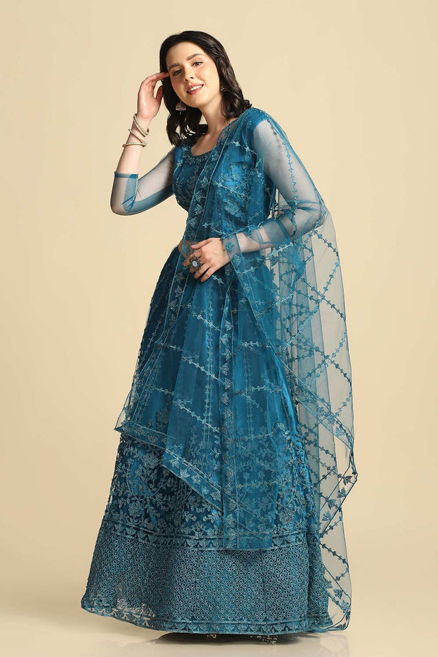 Teal Net Embroidered Work Lehenga Choli