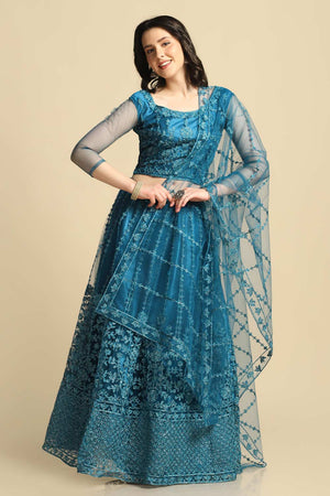 Teal Net Embroidered Work Lehenga Choli