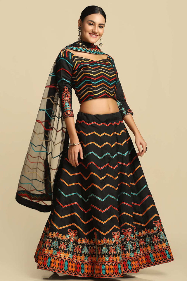 Black Taffeta Silk Embroidered Work Lehenga Choli