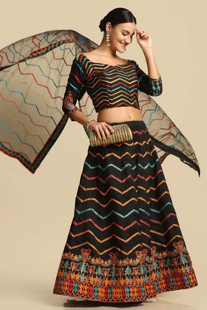 Black Taffeta Silk Embroidered Work Lehenga Choli