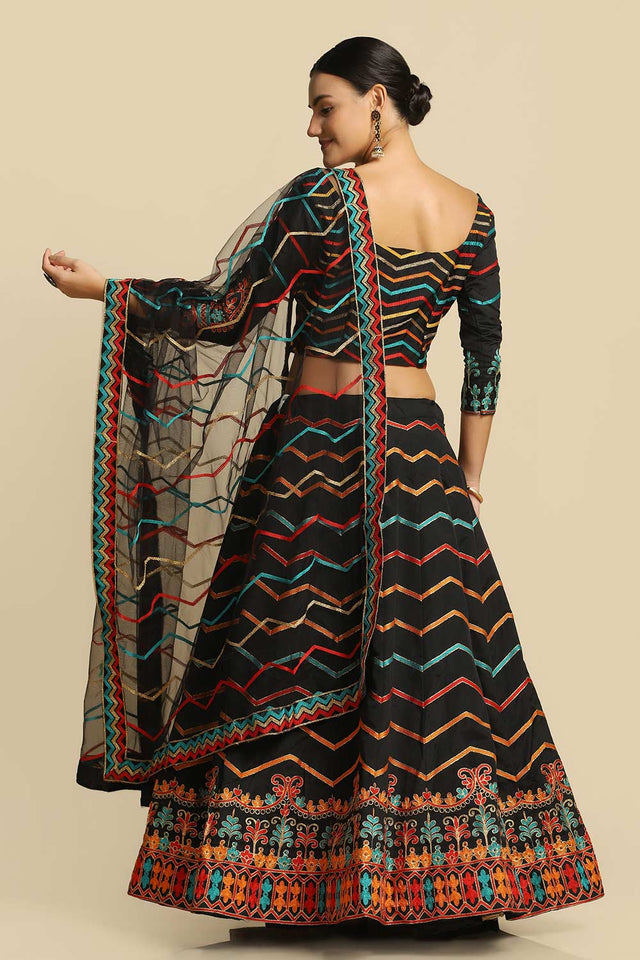 Black Taffeta Silk Embroidered Work Lehenga Choli