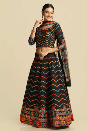 Black Taffeta Silk Embroidered Work Lehenga Choli