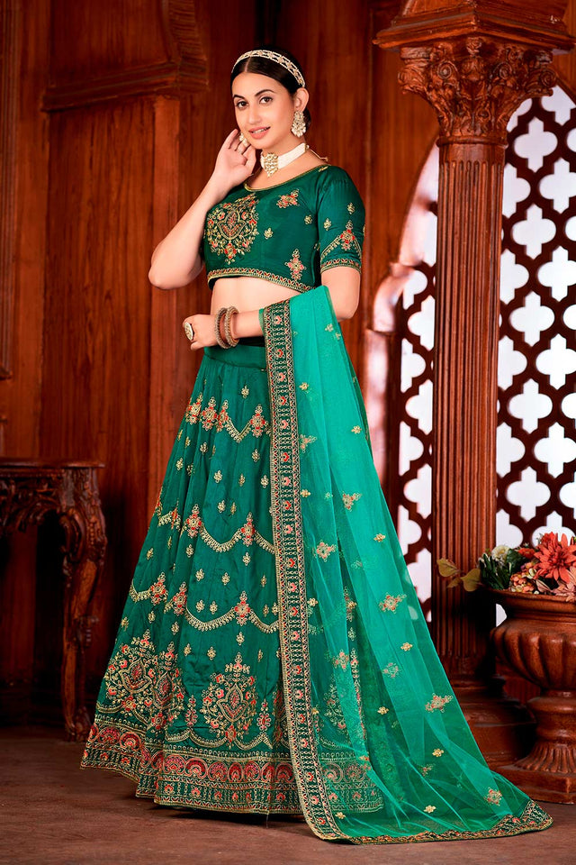 Green Taffeta Silk Embroidered Work Lehenga Choli