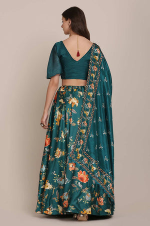 Green Chinon Printed Lehenga Choli
